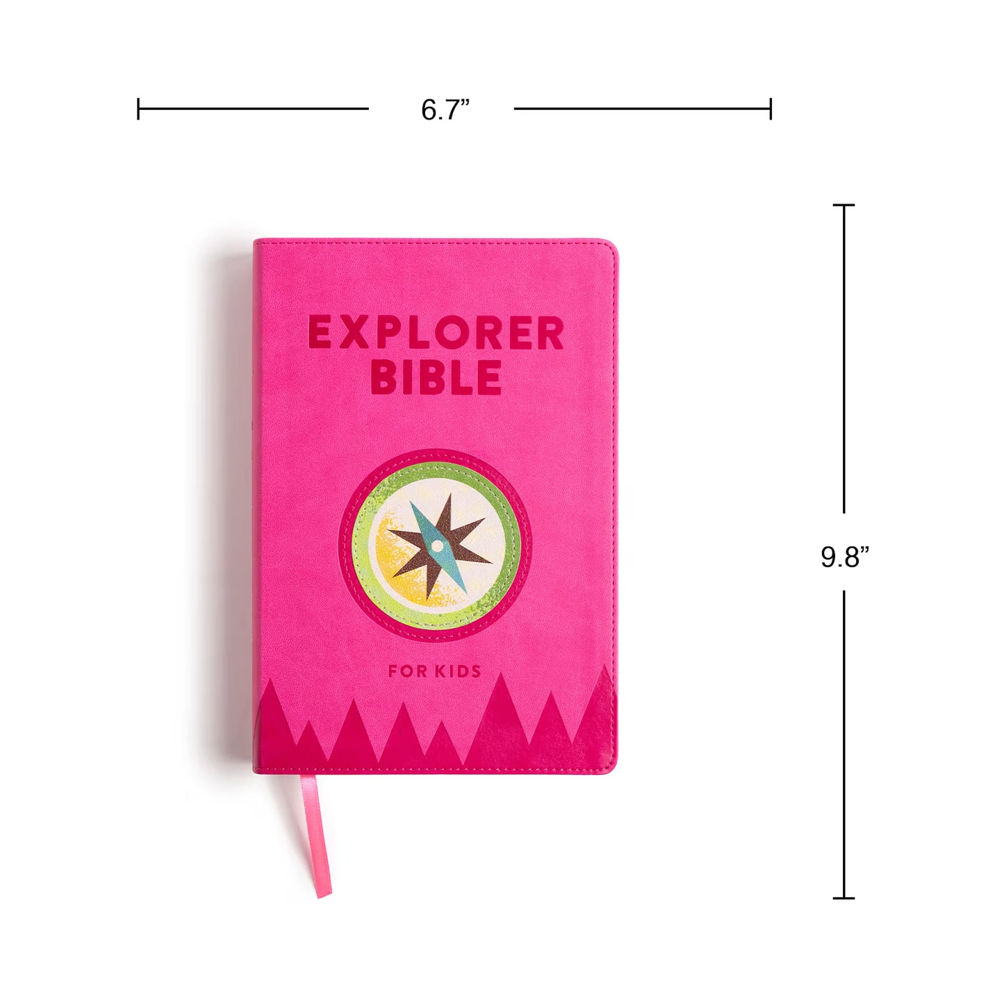 KJV Explorer Bible for Kids – Bubble Gum LeatherTouch (Full-Color Study Edition). Pink Bible for kids with measurements on a white background