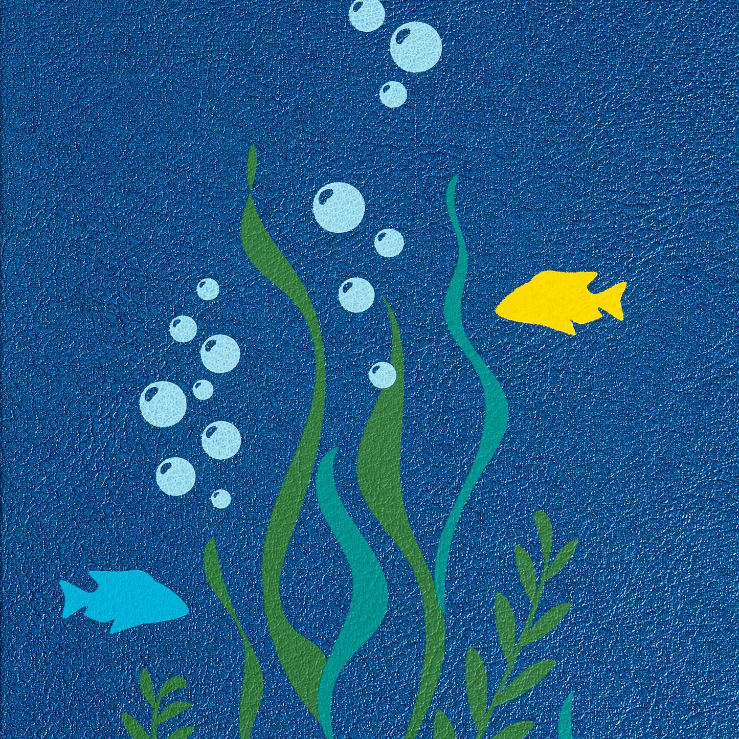 KJV Easy-for-Me Bible for Early Readers – Deep Blue LeatherTouch. Illustration of a yellow fish and blue fish swimming among green seaweed and bubbles on a textured blue background.