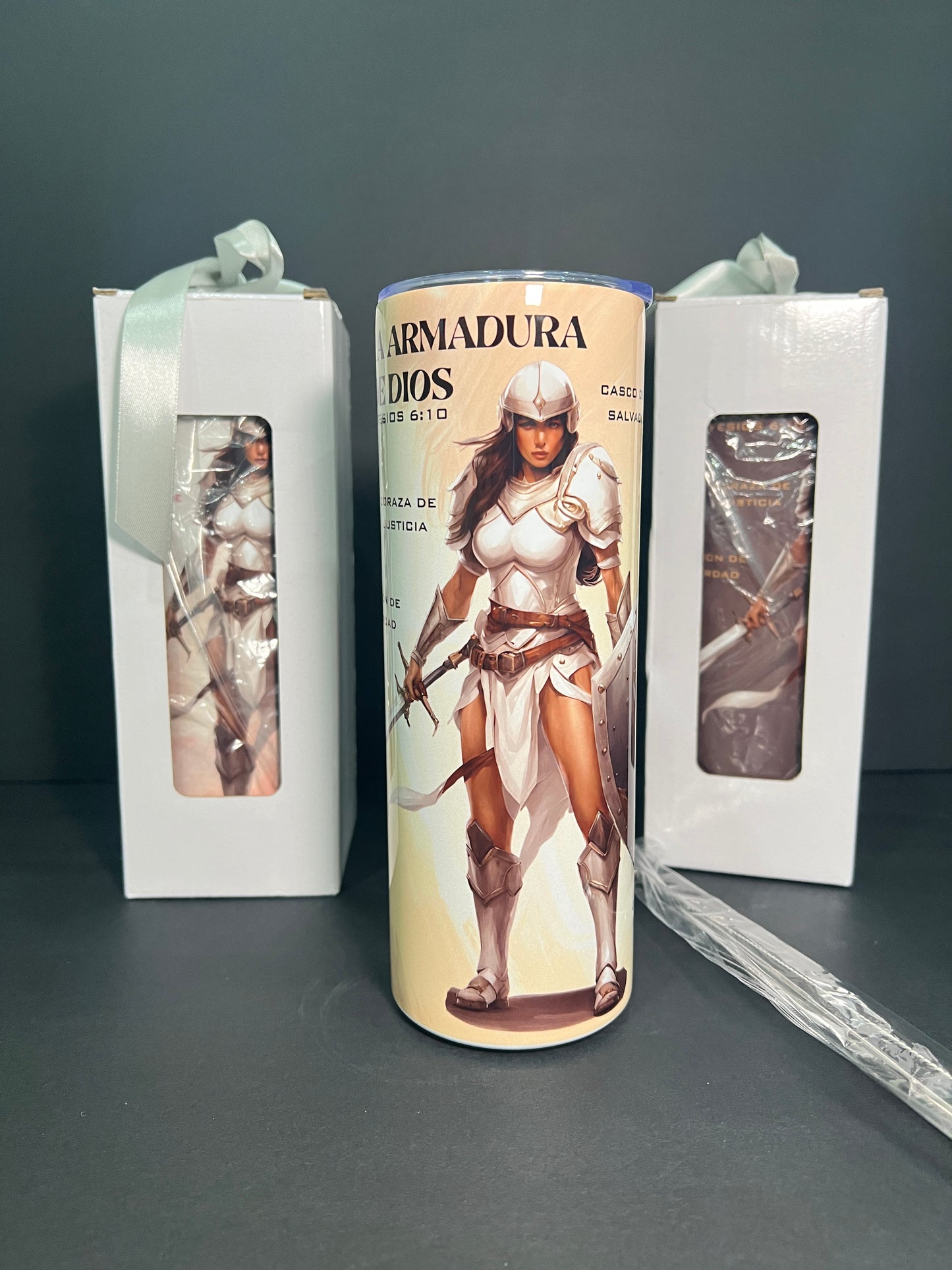 God’s Armor 20oz Stainless Steel Water Bottle – Portable Tumbler with Lid & Straw - Beige with Box