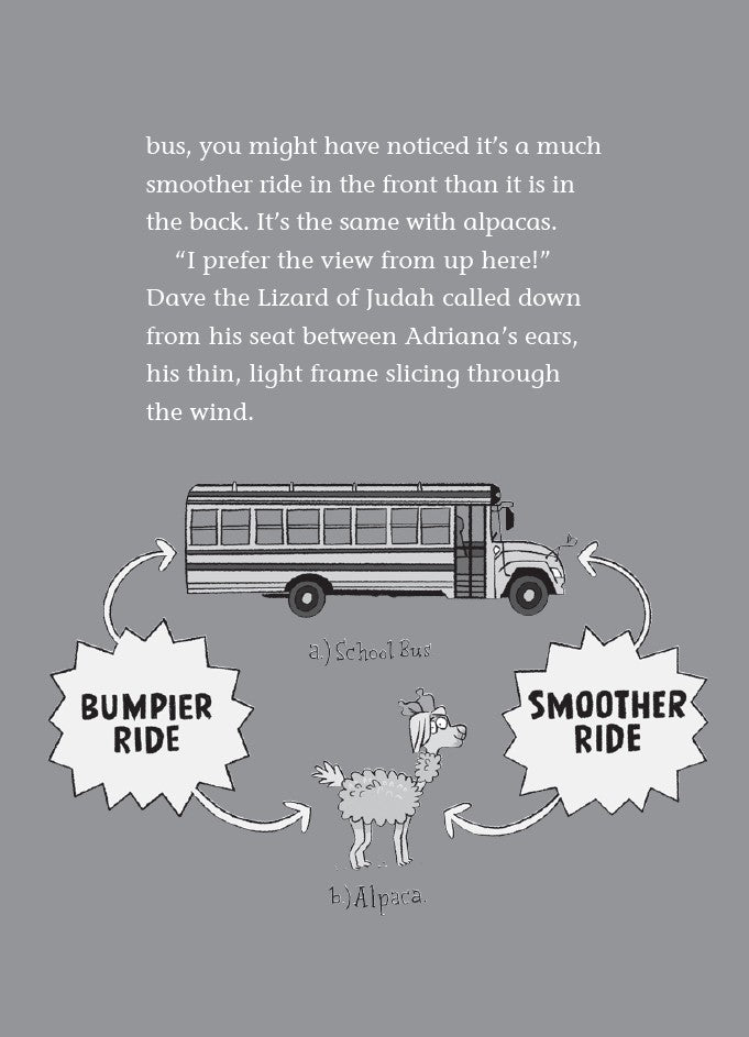 Book 12 – BabbleLand Breakout – The Dead Sea Squirrels. Interior illustration of a school bus and alpacas with story text – Dead Sea Squirrels Christian adventure chapter book for kids ages 6–10