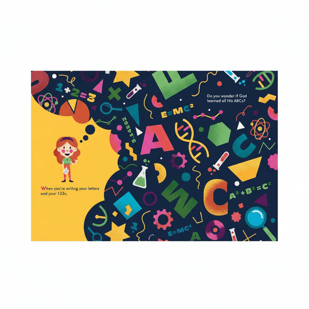 Did God Learn His ABCs? – Tiny Theologians Board Book #2 | A Bible Story About God's Knowledge for Kids. Interior pages of Did God Learn His ABCs? showing illustrated story of God's perfect knowledge and love – Christian board book for toddlers ages 1–4