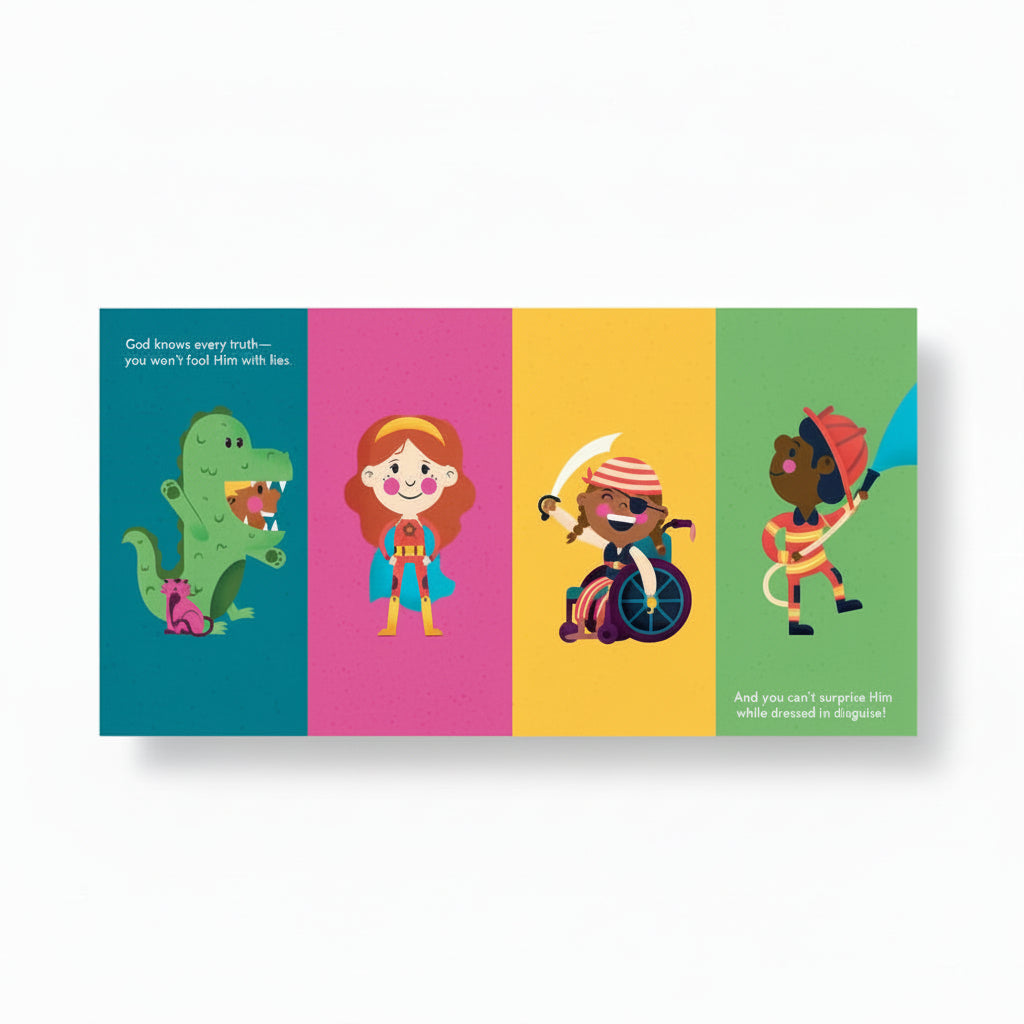 Did God Learn His ABCs? – Tiny Theologians Board Book #2 | A Bible Story About God's Knowledge for Kids. Interior spread of Did God Learn His ABCs? with illustrated scene about God's all-knowing nature – Tiny Theologians® Christian board book for toddlers ages 1–4