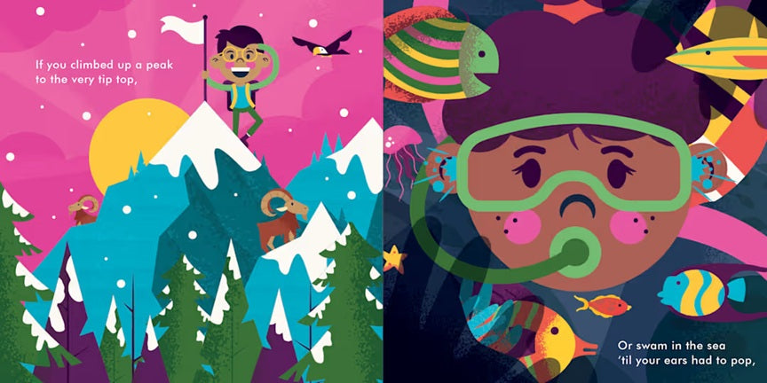 Does God Go on Vacation? – Tiny Theologians Board Book #1 | A Bible Story About God's Presence for Kids. Additional interior spread of Does God Go on Vacation? with colorful illustrated Bible story about God's presence – Tiny Theologians board book for toddlers ages 2–5