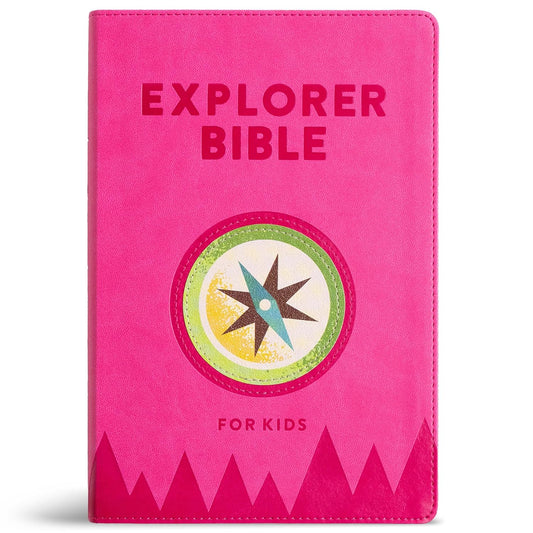 KJV Explorer Bible for Kids – Bubble Gum LeatherTouch (Full-Color Study Edition). Front cover of KJV Explorer Bible for Kids with compass design – Bubble Gum LeatherTouch full-color study Bible for kids ages 8–12 – B&H Kids