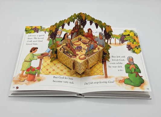A Child’s First Bible Storybook. Open book with illustrated pages on a gray background