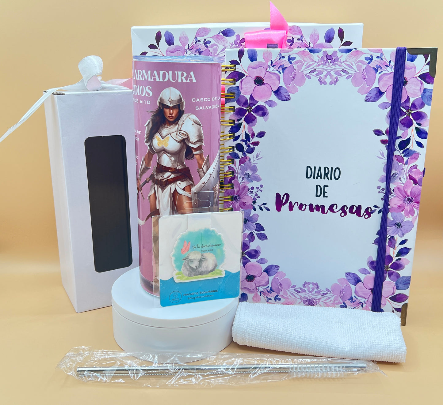 Bible Study Set with Diario de Promesas, Armor of God Tumbler & Magnetic Bookmark. Second full set view of the Bible Study Set – Diario de Promesas Spanish promise journal, Armor of God stainless steel tumbler, and magnetic bookmark – Christian gift set for adults by Kairos Creations
