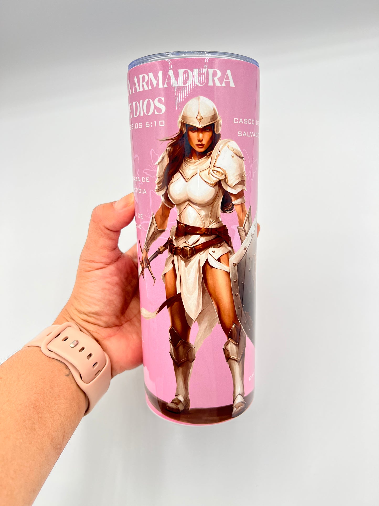 God’s Armor 20oz Stainless Steel Water Bottle – Portable Tumbler with Lid & Straw | Leak-Proof, BPA Free, Christian Gift – Pink & Beige