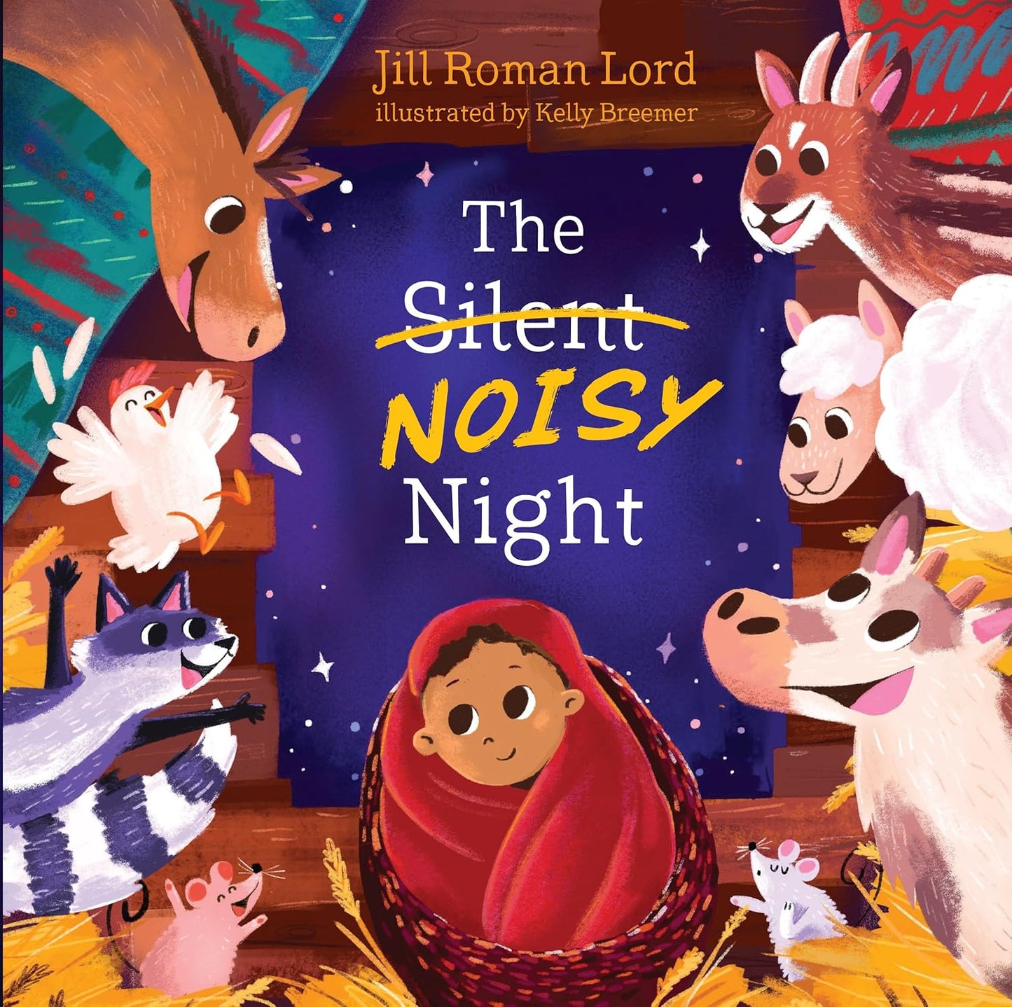The Silent Noisy Night – Little Bible Heroes Board Book #9 | A Joyful Christmas Story About Jesus' Birth for Kids. Full front cover of The Silent Noisy Night – Little Bible Heroes joyful Christmas story about Jesus' birth for toddlers ages 2–5