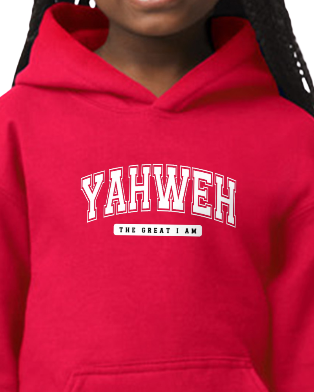 Red hoodie with 'YAHWEH THE GREAT I AM' text on a person wearing it.