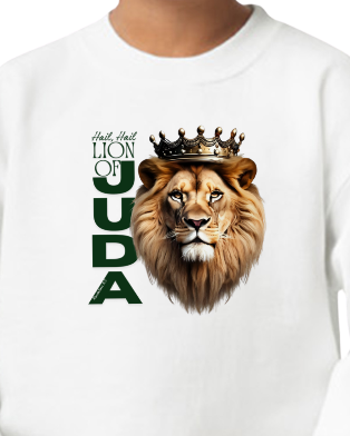 White t-shirt with a lion graphic and text on a white background. LION OF JUDA