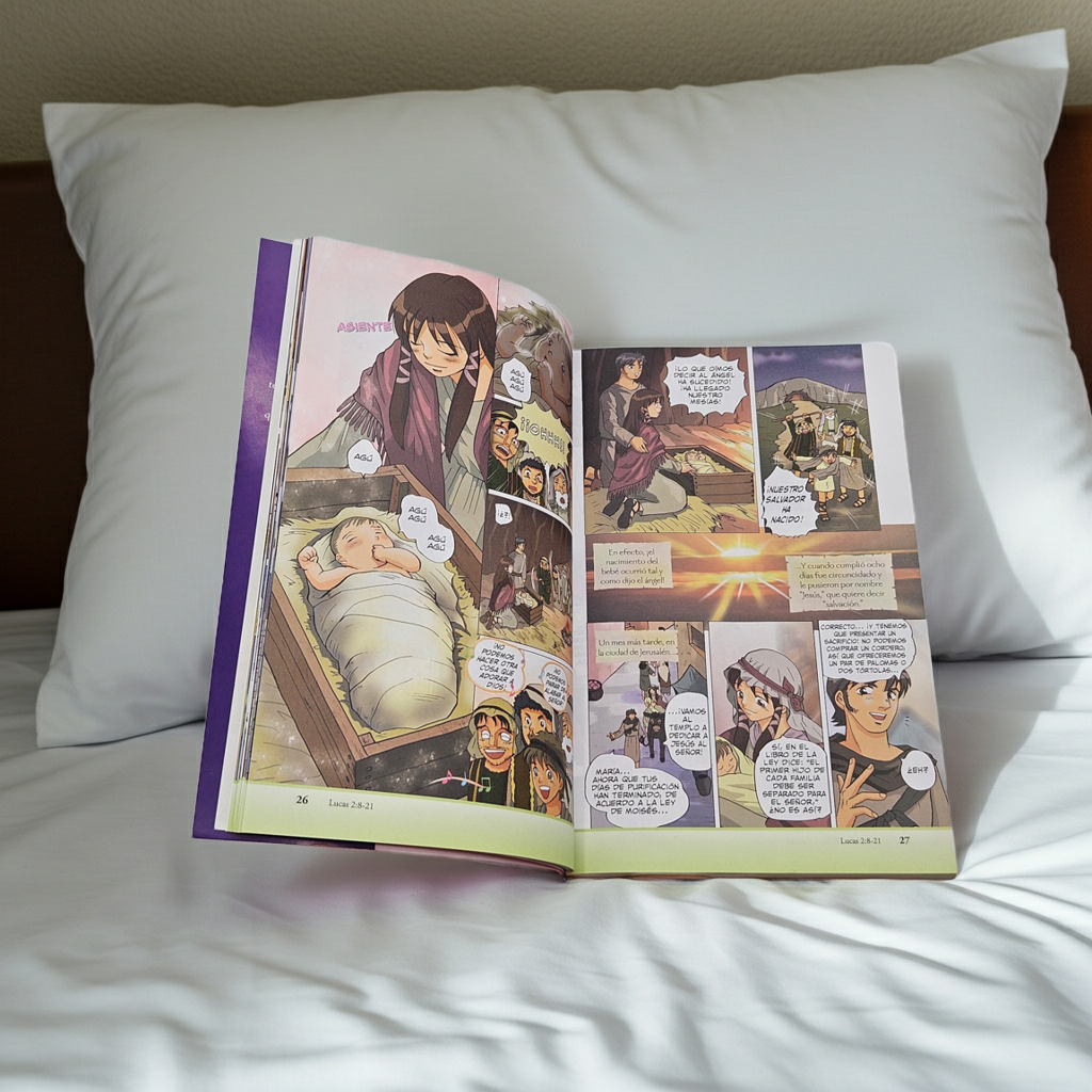 The Messiah – Manga Bible Story | Christian Graphic Novel for Teens & Young Adults - Open book on a white pillow