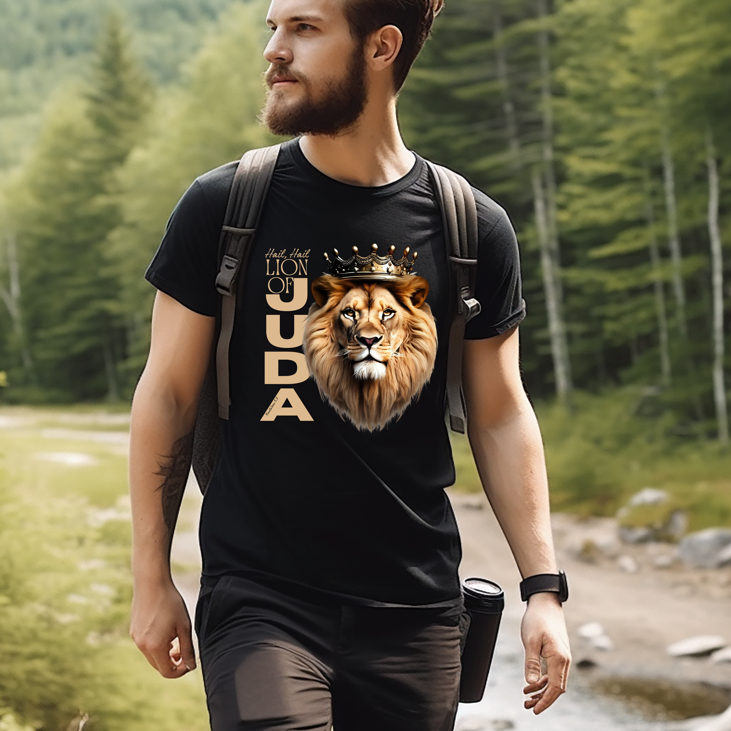 Man wearing a black t-shirt with a lion graphic and design with lion artwork Hail, Hail Lion of Judah walking outdoors.