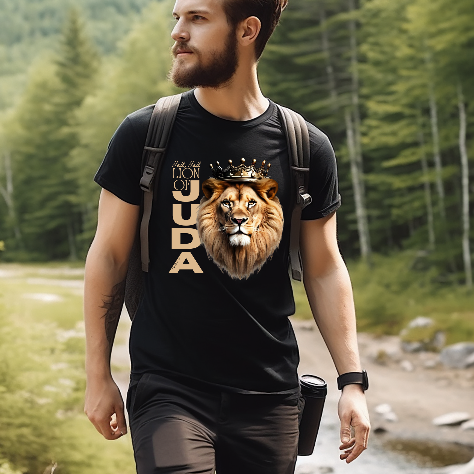 Man wearing a black t-shirt with a lion graphic and design with lion artwork Hail, Hail Lion of Judah walking outdoors.