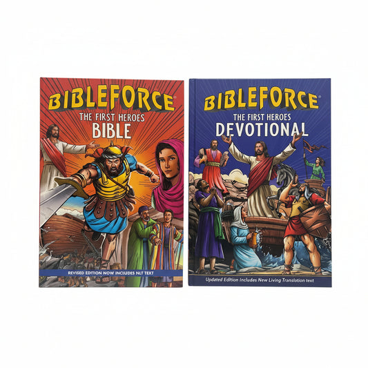 BibleForce Duo Bundle – Heroes Bible + Devotional | Christian Gift Set for Kids. New lifestyle view of the BibleForce Duo Bundle – The First Heroes Bible and Devotional Christian gift set for kids ages 6–12 – Tyndale House
