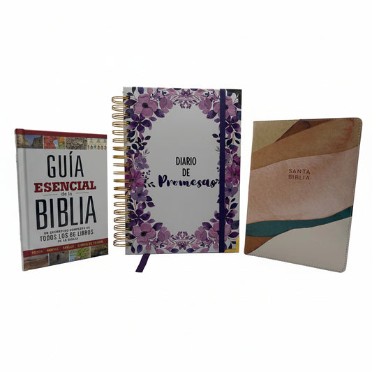 IMAGE 1 (new)
Faith Essentials Bundle – Spanish Edition | Bible, Devotional Journal & Bible Study Guide. New lifestyle view of the Faith Essentials Bundle Spanish Edition – RVR 1960 Bible, Spanish devotional journal, and Bible study guide for Christian adults by Kairos Creations