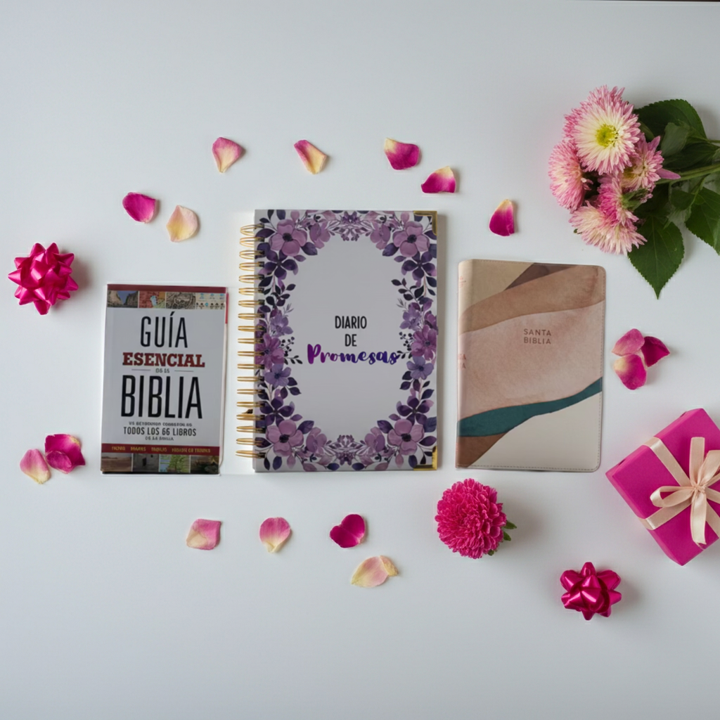 Faith Essentials Bundle – Spanish Edition | Bible, Devotional Journal & Bible Study Guide. AI-generated promotional image of the Faith Essentials Bundle Spanish Edition – Spanish Christian Bible, devotional journal, and Bible study guide gift set for adults by Kairos Creations