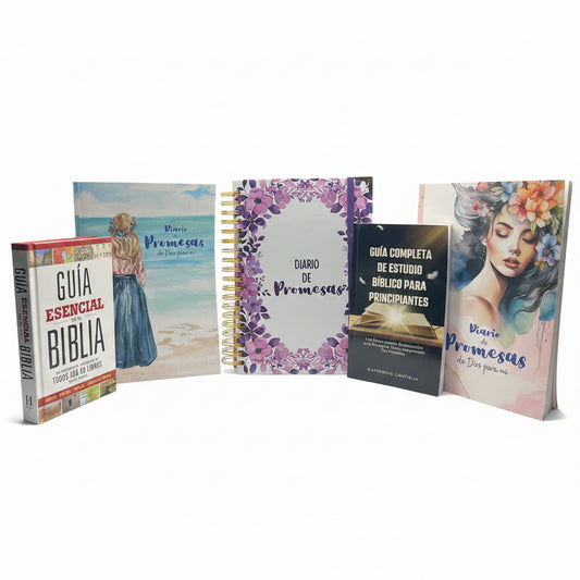 Mega Bible Study Bundle – Spanish Edition | Journals, Bible Guide & Beginner's Study Guide. New promotional view of the Mega Bible Study Bundle Spanish Edition – Spanish Christian devotional journals, Bible guide, and beginner's study guide for adults and families by Kairos Creations