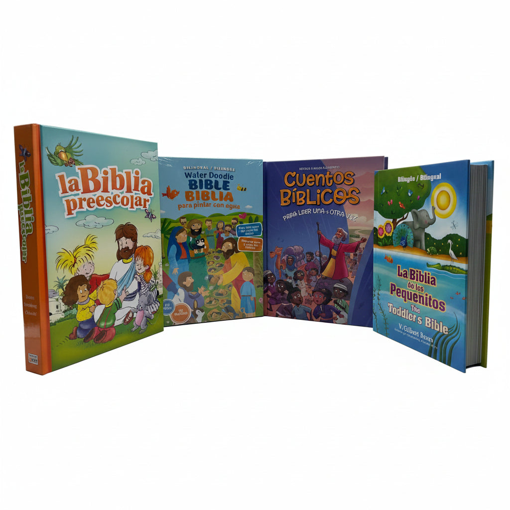 Spanish Toddler Bible Library Bundle – 4-Book Faith Gift Set | Biblioteca Bíblica en Español. New lifestyle view of the Spanish Toddler Bible Library Bundle – 4-book Spanish and bilingual Bible faith gift set for toddlers and preschoolers ages 2–6