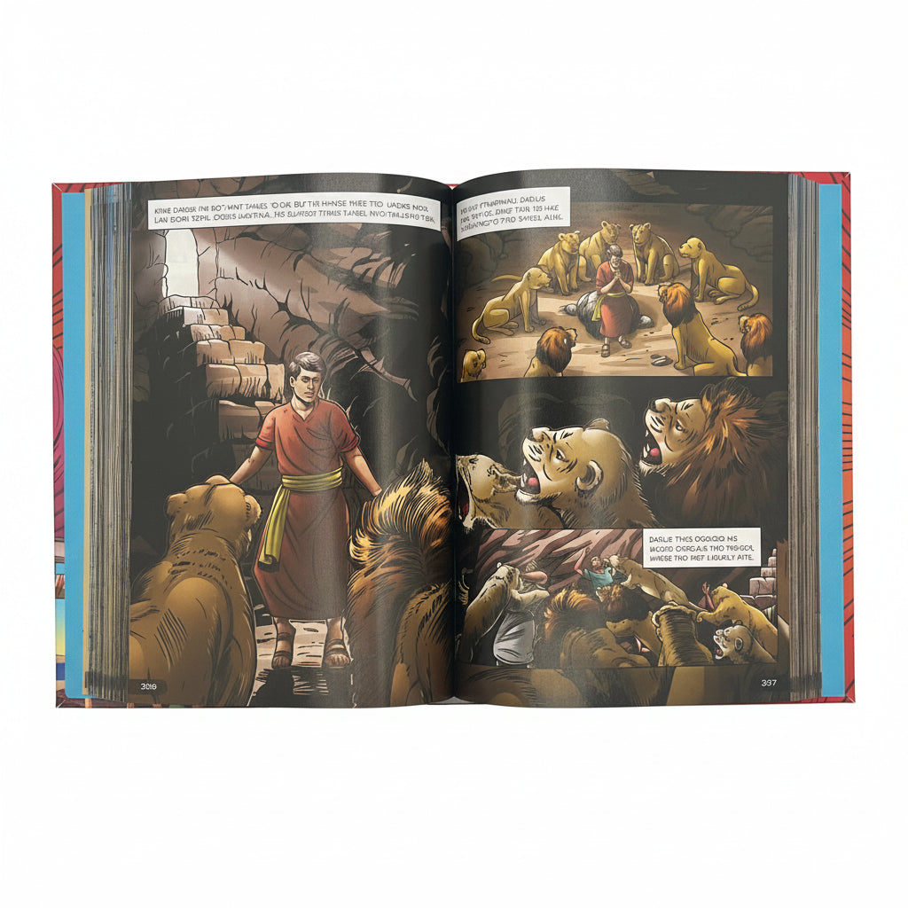Epic Bible + BibleForce Ultimate Bundle – Premium Christian Gift Set. Interior pages of The Epic Bible from the Ultimate Bundle – full-color illustrated Bible story pages for kids ages 6–12 – Tyndale House