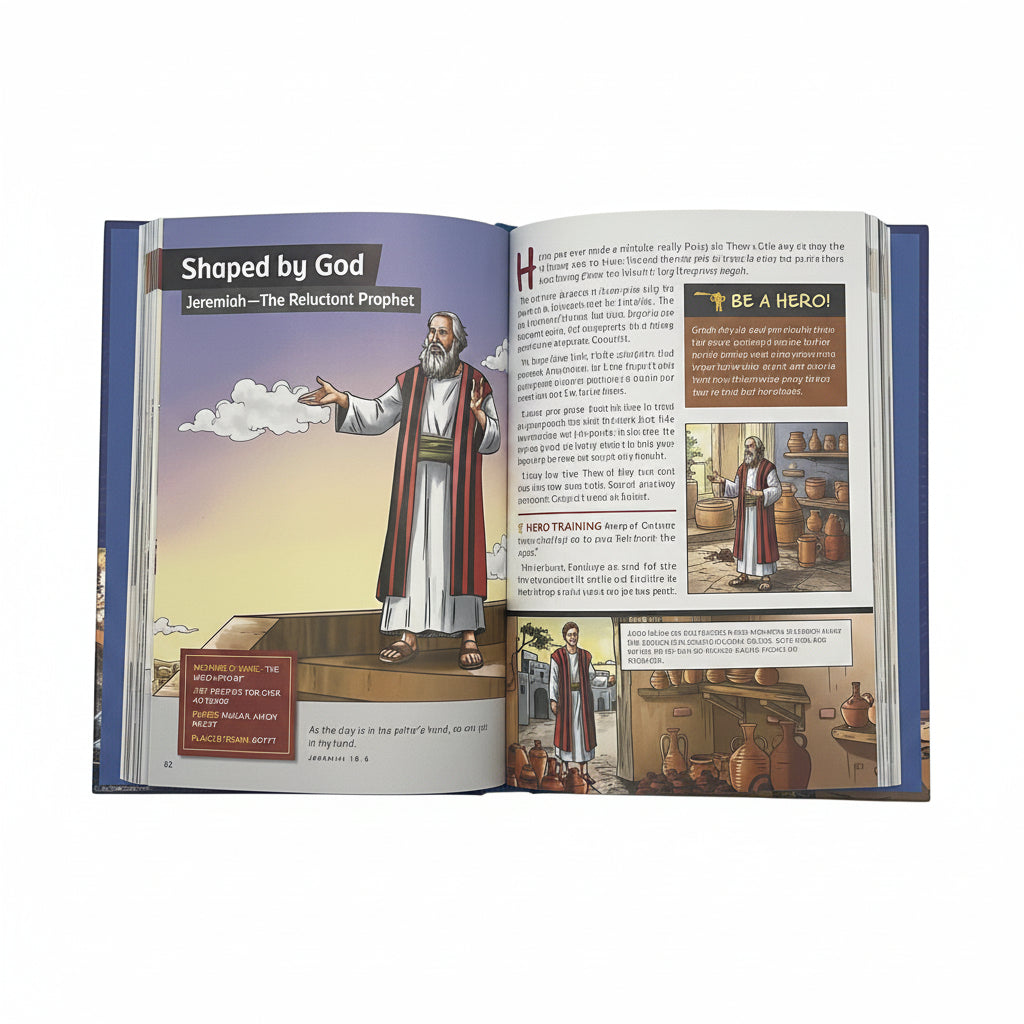 BibleForce Duo Bundle – Heroes Bible + Devotional | Christian Gift Set for Kids. Interior pages of the BibleForce Duo Bundle – comic-style illustrated Bible story panels from The First Heroes Bible for kids ages 6–12