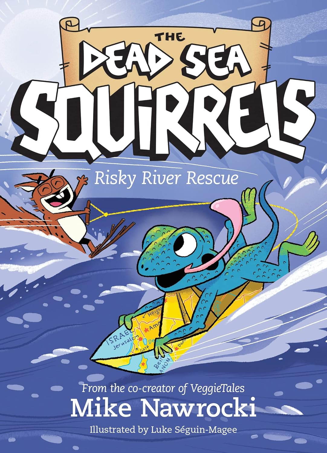 Book 10 –  Risky River Rescue – The Dead Sea Squirrels | Christian Adventure Story for Kids. Book cover of 'The Dead Sea Squirrels: Risky River Rescue' with a cartoon squirrel and lizard on a blue background.
