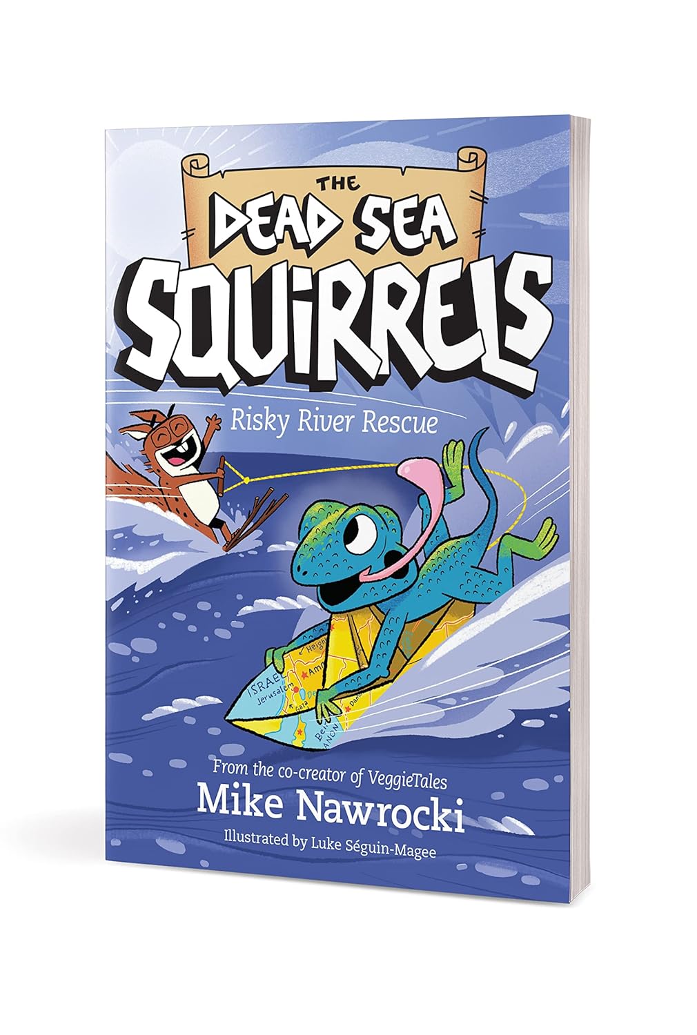 Book 10 –  Risky River Rescue – The Dead Sea Squirrels | Christian Adventure Story for Kids. Book cover of 'The Dead Sea Squirrels: Risky River Rescue' with cartoon characters on a blue background