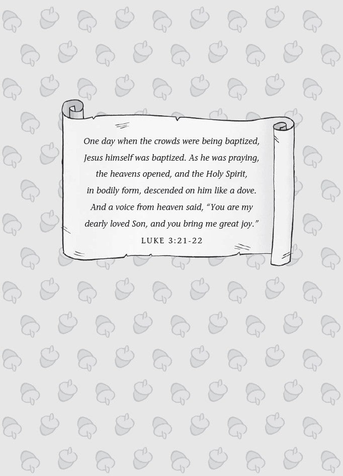 Book 10 –  Risky River Rescue – The Dead Sea Squirrels | Christian Adventure Story for Kids. Textual quote from Luke 3:21-22 on a decorative background with dove patterns