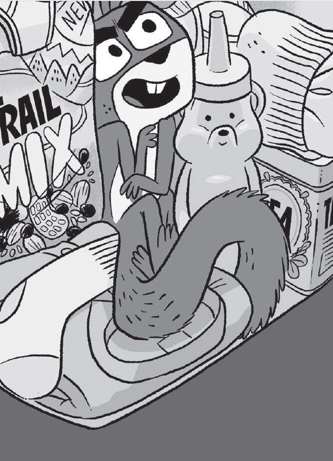 Book 10 –  Risky River Rescue – The Dead Sea Squirrels | Christian Adventure Story for Kids. Cartoon characters in a dynamic pose with a black and white color scheme.