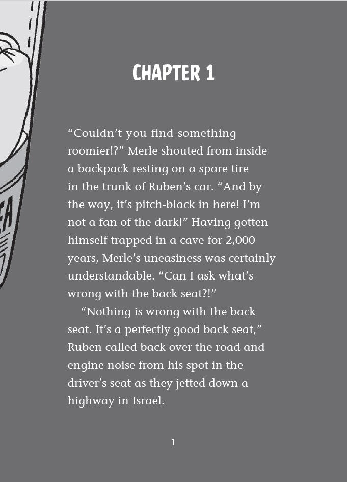 Book 10 –  Risky River Rescue – The Dead Sea Squirrels | Christian Adventure Story for Kids. Book page with text and a character illustration on a gray background