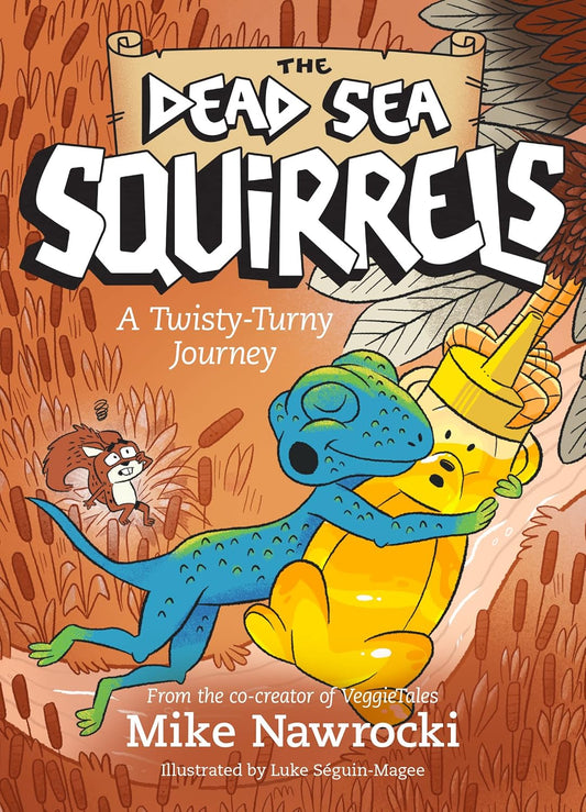 Book 11  – A Twisty-Turny Journey – The Dead Sea Squirrels | Christian Adventure and Faith Story for Kids. Book cover of 'The Dead Sea Squirrels' with colorful illustration of a blue and yellow creature.