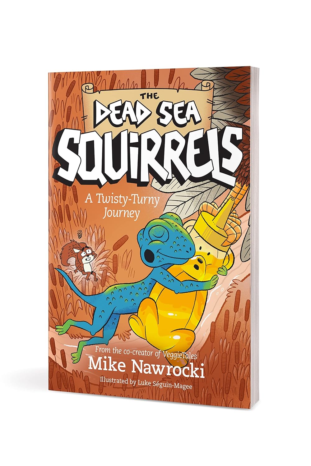 Book 11  – A Twisty-Turny Journey – The Dead Sea Squirrels | Christian Adventure and Faith Story for Kids. Book cover of 'The Dead Sea Squirrels' with cartoon characters on a wooden background