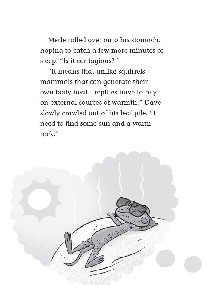 Book 11  – A Twisty-Turny Journey – The Dead Sea Squirrels | Christian Adventure and Faith Story for Kids. Illustration of a turtle lying on its side with text about reptiles and sunbathing.