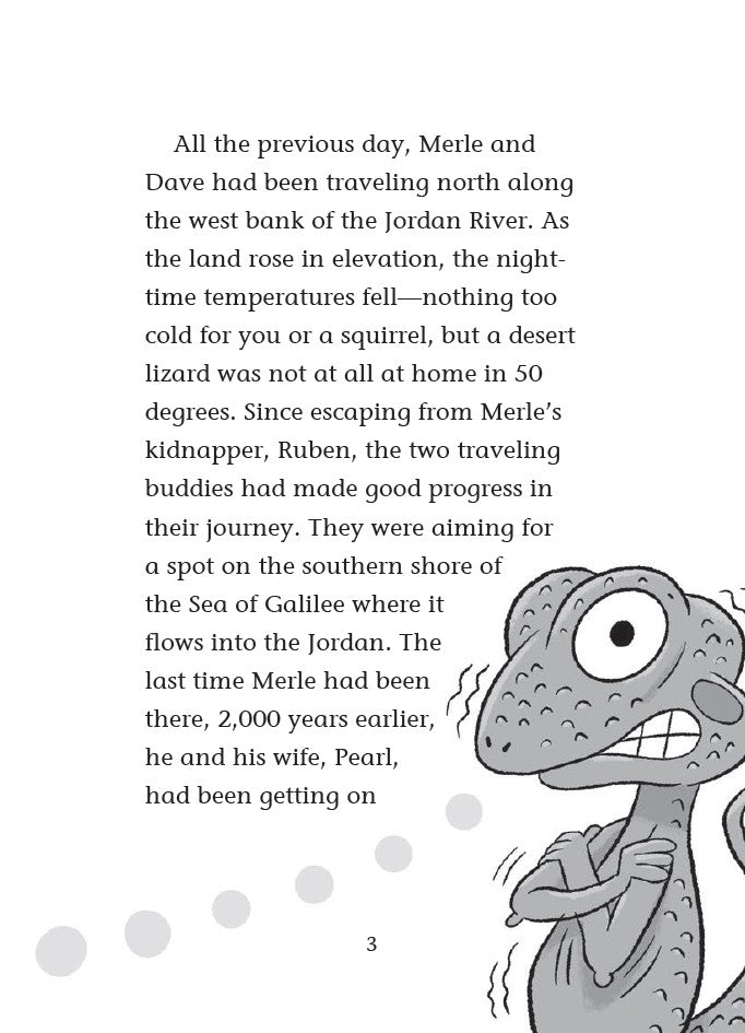 Book 11  – A Twisty-Turny Journey – The Dead Sea Squirrels | Christian Adventure and Faith Story for Kids. Text from a book with a cartoon lizard character on a white background