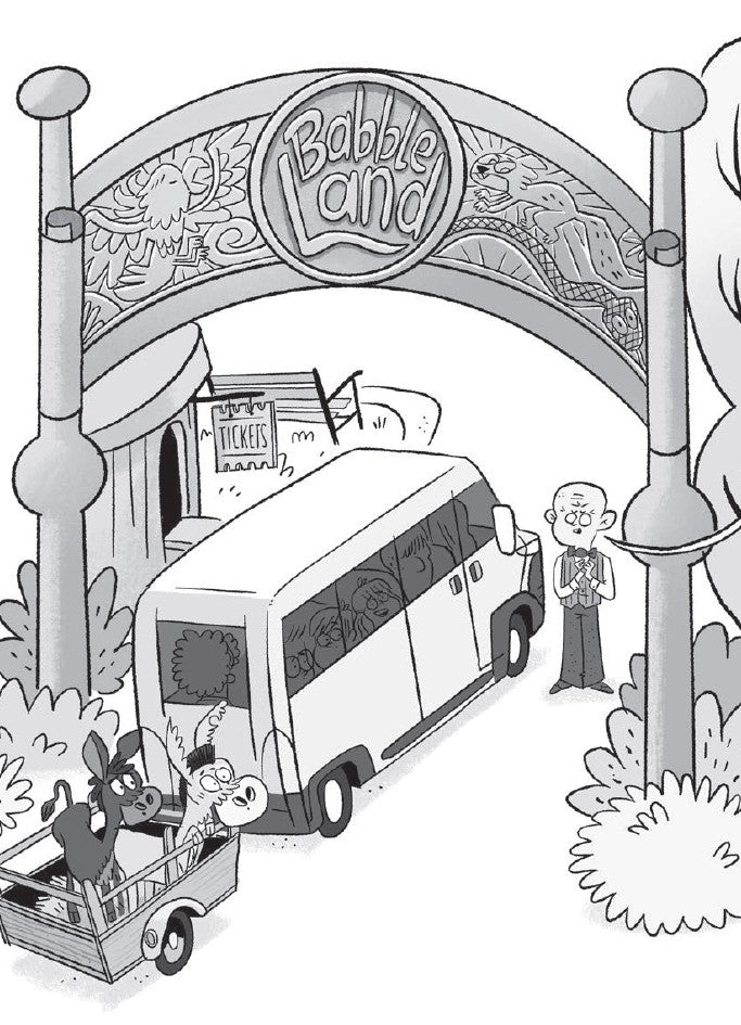Book 12  – BabbleLand Breakout - The Dead Sea Squirrels. Cartoon scene with a van and characters in front of a 'Babbel Land' entrance.