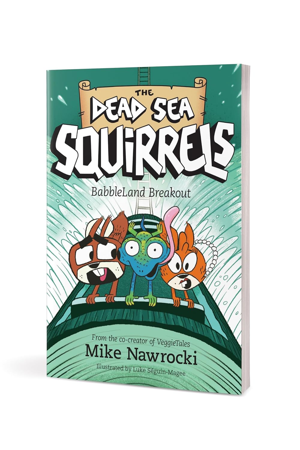 Book 12  – BabbleLand Breakout - The Dead Sea Squirrels. Book cover of 'The Dead Sea Squirrels' with cartoon squirrels and green background