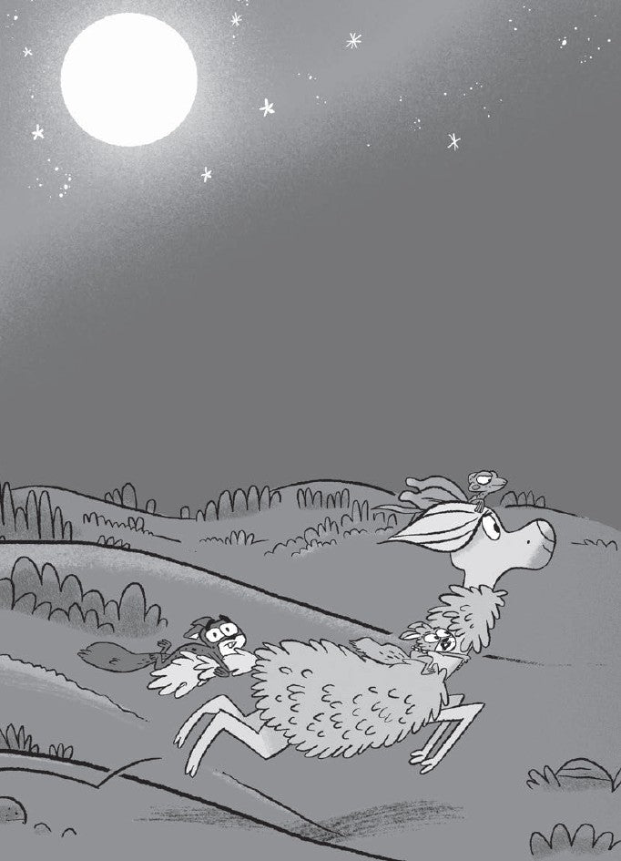 Book 12  – BabbleLand Breakout - The Dead Sea Squirrels. Cartoon character with a flower on their head running from a dog under a moonlit sky.