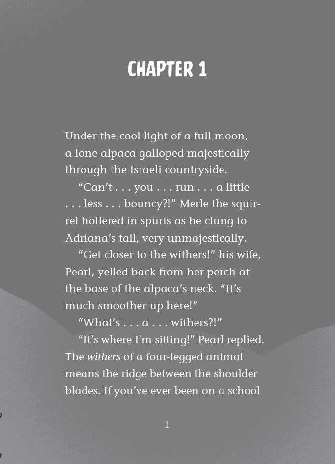 Book 12  – BabbleLand Breakout - The Dead Sea Squirrels. Text-based chapter opening with a narrative about an alpaca and a squirrel in a dark gray box.