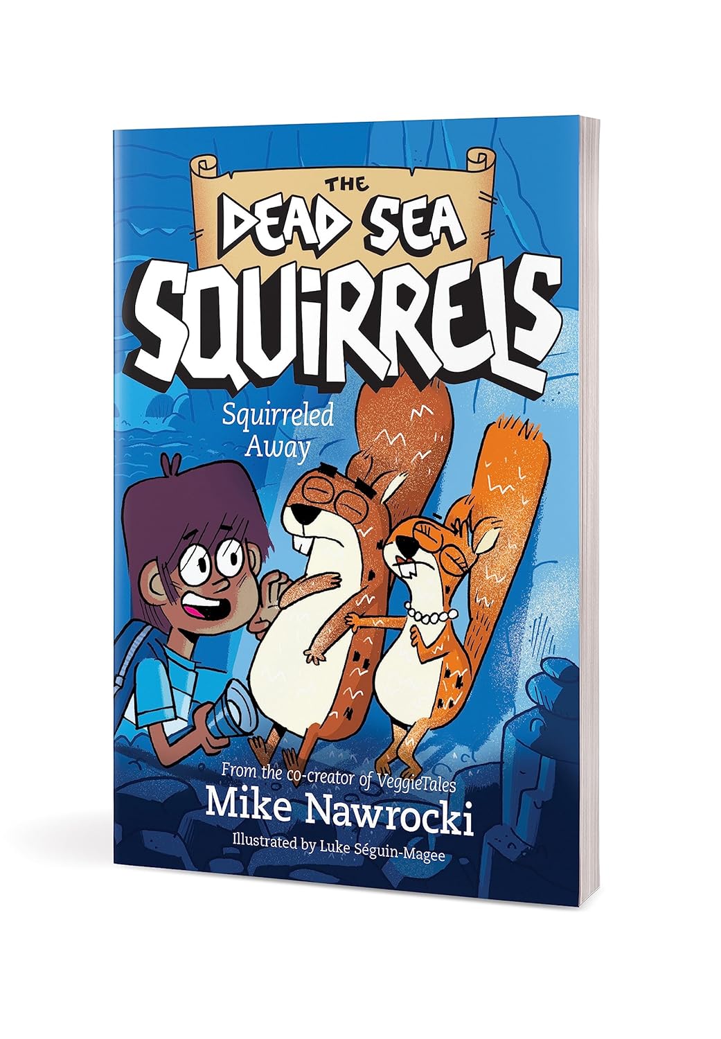 Book 1 – Squirreled Away | The Dead Sea Squirrels Series – A Fun Bible Adventure for Kids with cartoon characters on a blue background