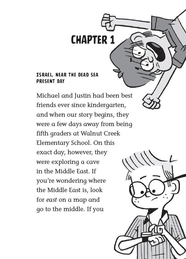 Book 1 – Squirreled Away | The Dead Sea Squirrels Series – A Fun Bible Adventure for Kids with two characters and text about Michael and Justin's friendship.