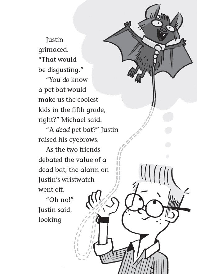 Book 1 – Squirreled Away | The Dead Sea Squirrels Series – A Fun Bible Adventure for Kids with a bat-like creature and a person, featuring text about a pet bat.