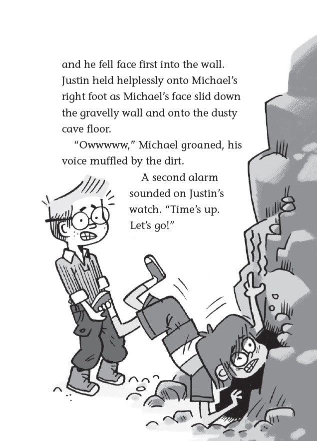 Book 1 – Squirreled Away | The Dead Sea Squirrels Series – A Fun Bible Adventure for Kids with two characters in a cave, one falling face first into the wall.