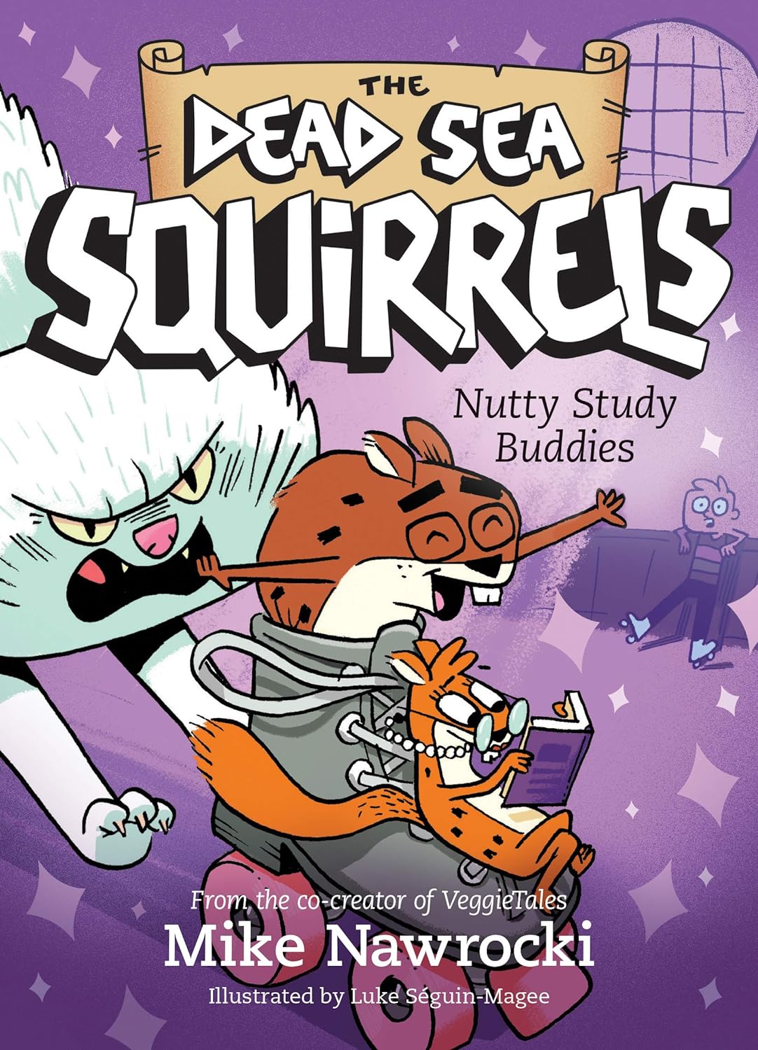 Book 3 – Nutty Study Buddies | The Dead Sea Squirrels Series – A Funny Faith-Filled Story for Kids with cartoon characters on a purple background.
