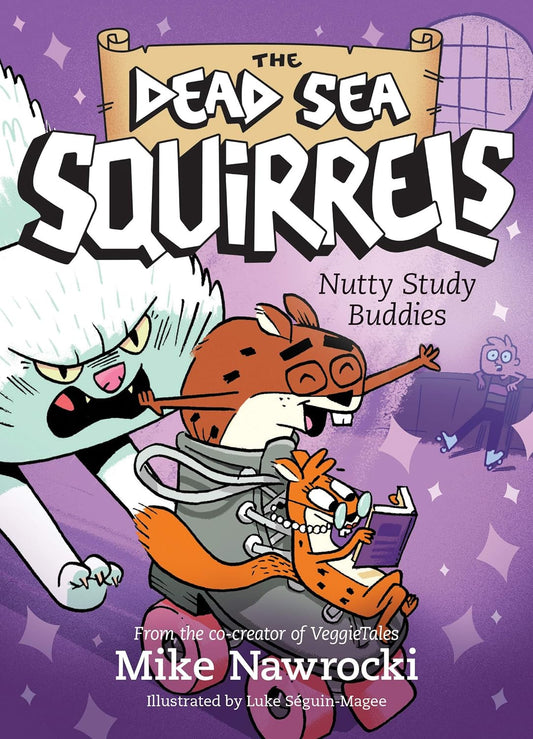 Book 3 – Nutty Study Buddies | The Dead Sea Squirrels Series – A Funny Faith-Filled Story for Kids with cartoon characters on a purple background.