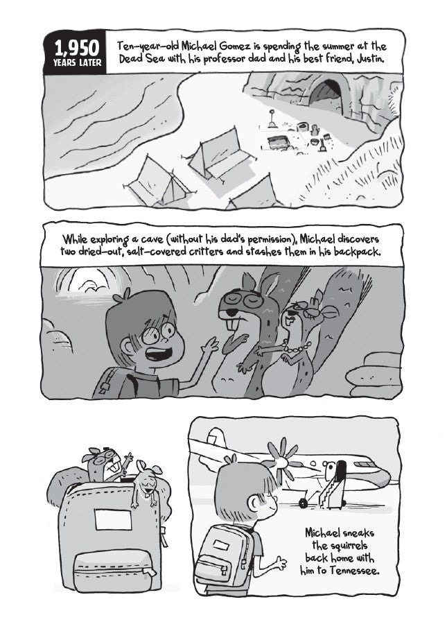 Book 3 – Nutty Study Buddies | The Dead Sea Squirrels Series – A Funny Faith-Filled Story for Kids. Comic strip panel showing a character with a backpack full of creatures, with text describing the scenario.