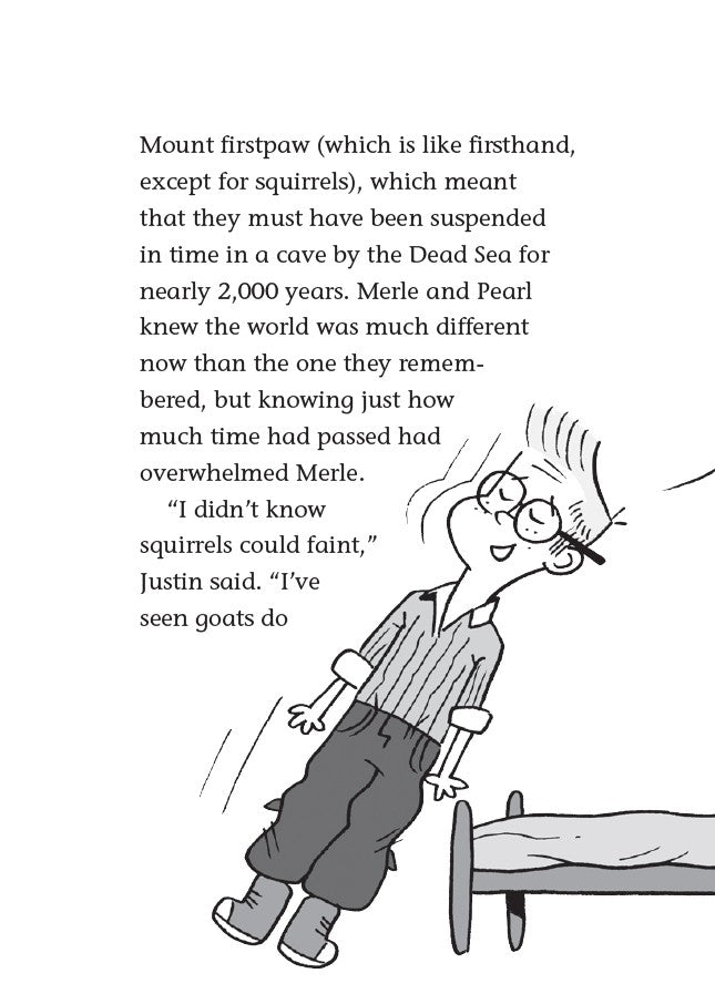 Book 3 – Nutty Study Buddies | The Dead Sea Squirrels Series – A Funny Faith-Filled Story for Kids. Cartoon character with text about Mount first paw and a person fainting.