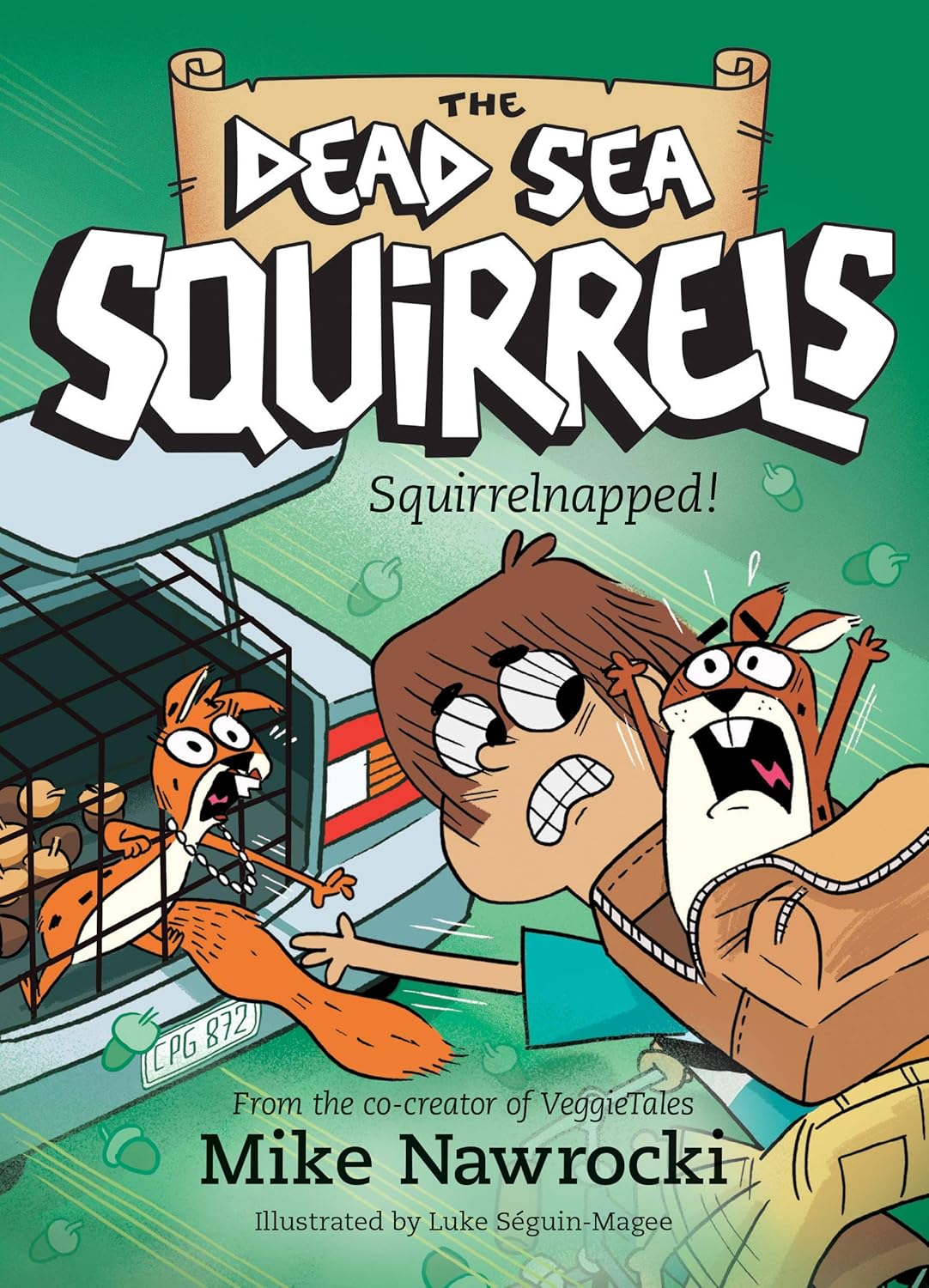 Book 4 – Squirrelnapped! | The Dead Sea Squirrels Series – A Fun Bible Adventure About Honesty for Kids. Book cover of 'The Dead Sea Squirrels: Squirrelnapped!' with cartoon squirrels and a green background.