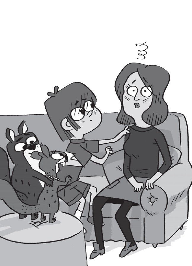 Book 4 – Squirrelnapped! | The Dead Sea Squirrels Series – A Fun Bible Adventure About Honesty for Kids. Cartoon family scene with a woman, child, and dog on a couch.