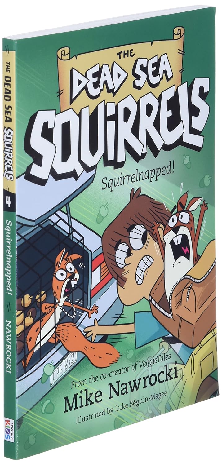 Book 4 – Squirrelnapped! | The Dead Sea Squirrels Series – A Fun Bible Adventure About Honesty for Kids. Book cover of 'The Dead Sea Squirrels: Squirrelnapped!' with cartoon characters on a green background.