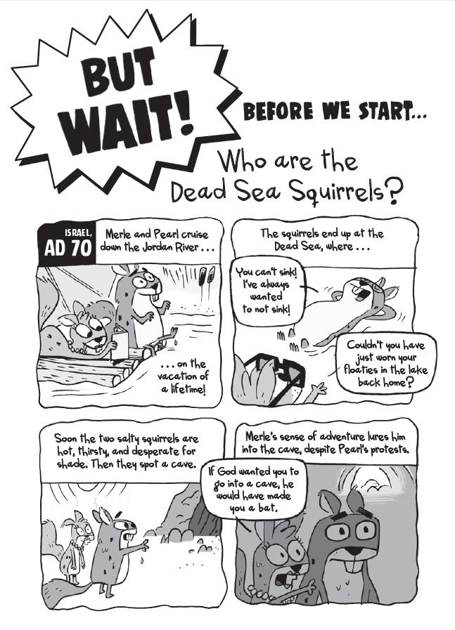 Book 4 – Squirrelnapped! | The Dead Sea Squirrels Series – A Fun Bible Adventure About Honesty for Kids. Comic strip introduction to the Dead Sea Squirrels with text and character illustrations.