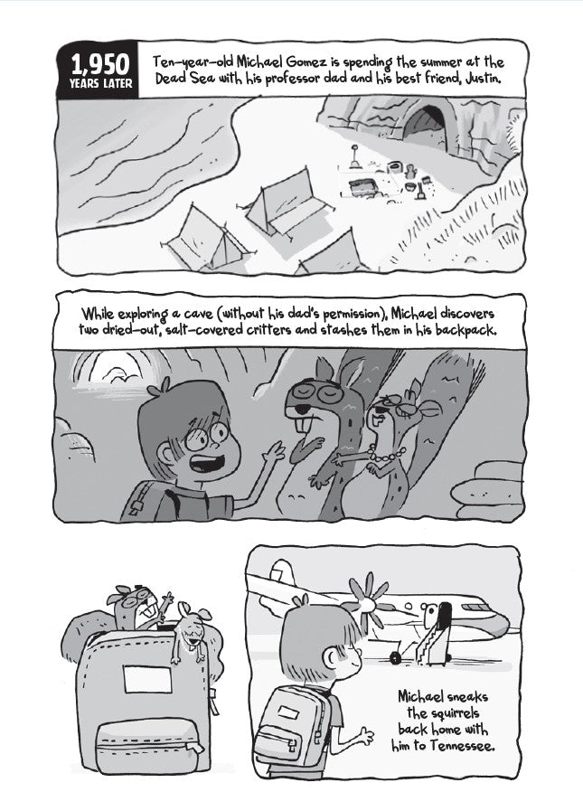 Book 4 – Squirrelnapped! | The Dead Sea Squirrels Series – A Fun Bible Adventure About Honesty for Kids. Comic strip panel with a character discovering dried-out critters in their backpack.